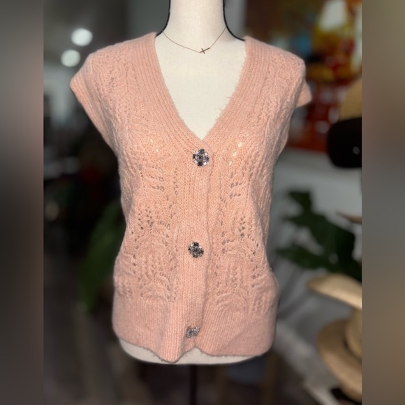 Zara Sweater vest Size Small with Jewel Buttons Salmon Pink Knitted - Picture 2 of 9